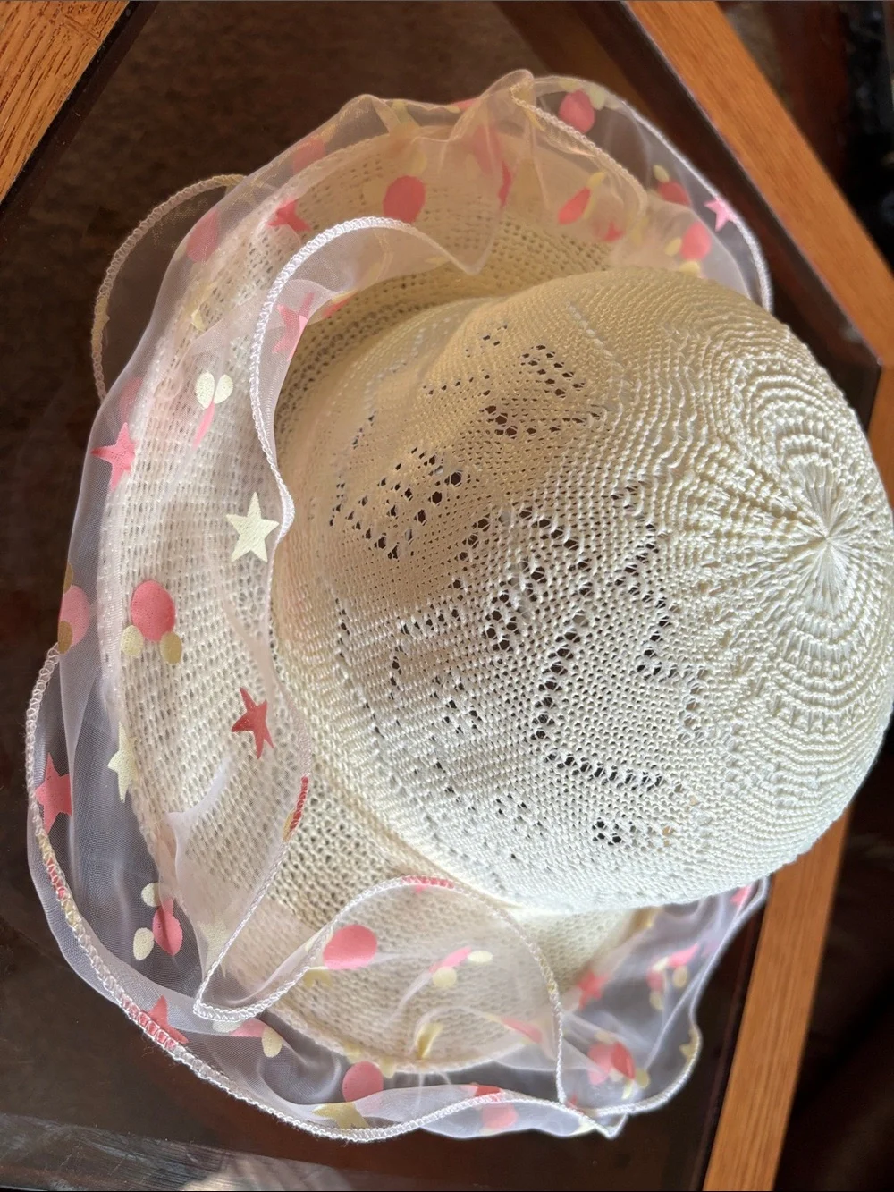 Girls kids White Crochet Sun Hat with Sheer Star & Dot Trim